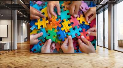 Business team playing with puzzle. Group of young people connecting green, yellow, pink, red, blue pieces of jigsaw puzzle. People holding different jigsaw parts in hands. Teamwork, Generative AI Wall mural