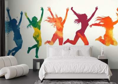 Happiness - happy people jumping in the air cheerfully, Generative AI Wall mural