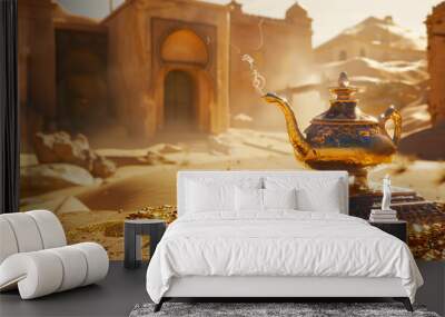 Magic lamp among golden treasure in ancient desert city. Aladdin's legendary magic lamp rests among piles of golden treasure in an ancient desert city.  Wall mural