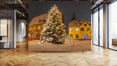 Panorama view of market square with decorated Christmas tree covered with snow on winter day.  Christmas atmosphere at the town hall market of Schleswig, Schleswig-Holstein, Germany. Wall mural