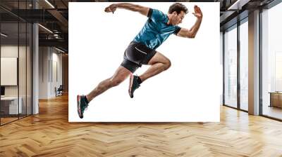 one caucasian runner running jogger jogger young man in studio isolated on white background Wall mural