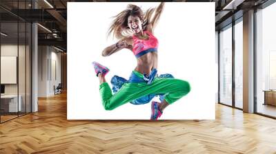 one caucasian woman cardio dancers dancing fitness exercising excercises in studio isolated on white background Wall mural