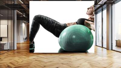 one caucasian woman exercising pilates fitness swiss ball exercises isolated  silhouette on white background Wall mural