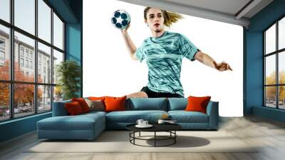 one caucasian young teenager girl woman playing Handball player isolated on white background Wall mural