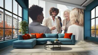 a group of multiracial people take a break in the office having a coffee and sharing moments of companionship, positive atmosphere  in workplace environments concept Wall mural