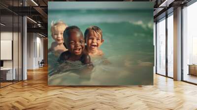 A joyful moment with three diverse babies smiling and playing in the shallow ocean water on a sunny day, showcasing the joy of childhood and diversity in a natural setting. Wall mural