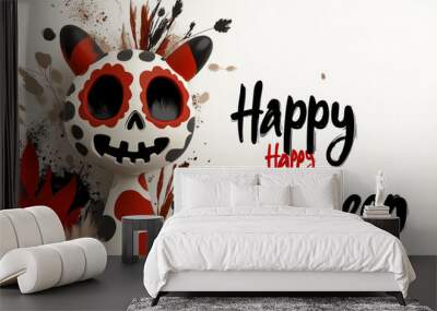 A playful Halloween greeting card with a white cat skull painted in colorful patterns Happy Halloween is written in bold letters making this a fun and creative choice for Halloween celebrations Wall mural