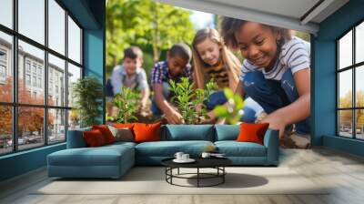 Children of different backgrounds united for environmental conservation, learning about the environment through gardening and cultivating plants. Wall mural