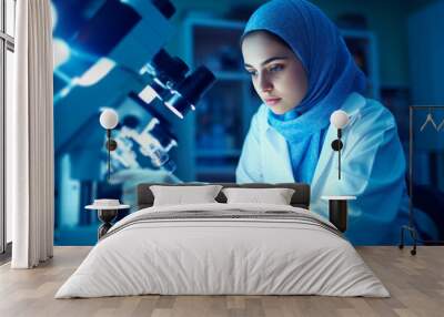 Female empowerment in science: Arabic woman scientist with a veil working with a microscope in a high-tech laboratory Wall mural