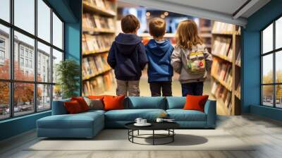 Three children in a bookstore, looking at shelves filled with books, and talking about the books, back to school concept Wall mural