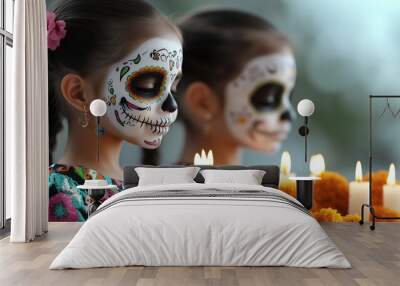 Young girls dressed for the Day of the Dead,faces adorned with colorful skull makeup,stand solemnly in front of marigold flowers and lit candles in Mexican celebration that honors deceased loved ones Wall mural