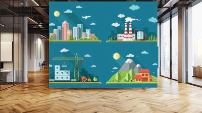 icons set. large city , country house, farmhouse on a background Wall mural