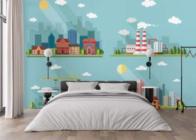 icons set. large city on the background of a country house, city Wall mural