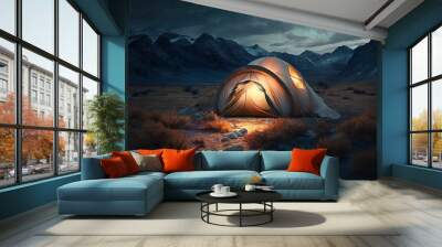 a beautiful place for a tent, with cozy lights at night Wall mural