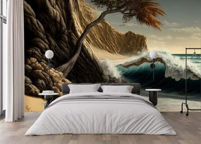 beach landscape with palm trees, sand, waves Wall mural