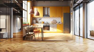 beautiful elegant kitchen in a loft apartment in ocher yellow Wall mural