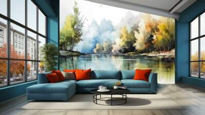 Beautiful picture of a watercolor landscape with a lake Wall mural