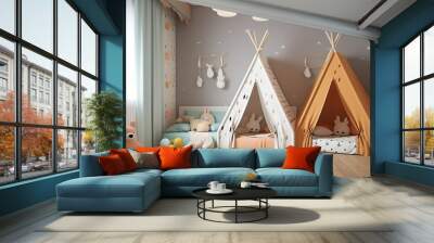 unique, modern children's room with beautiful colors and a tent bed Wall mural