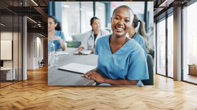 Black woman, face or nurse in hospital meeting for medical planning, life insurance medicine or treatment training. Smile, happy and healthcare worker portrait in teamwork, collaboration or diversity Wall mural