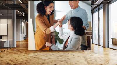 Business, team and high five for news of success in office with collaboration or support for sales achievement. Employees, winning and celebration together for feedback on project goals or target Wall mural