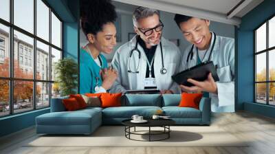 Doctors, nurses and tablet with healthcare success, applause and celebration of hospital results or solution. Happy medical team, mentor and students on digital technology for hospital news or goals Wall mural