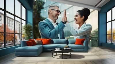 Man, woman or high five by building for business with partnership, yes for b2b deal in city. People, together or hand gesture with teamwork or success for digital contract, support for goal by office Wall mural