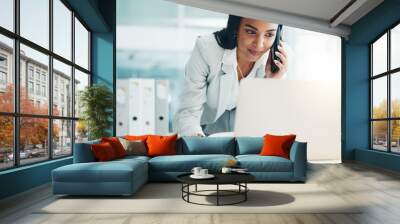 Phone call, laptop and business Indian woman in office for planning, discussion and communication. Corporate worker, email and female person talking on computer for contact, network and conversation Wall mural