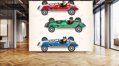 Set of colorful fast retro motor racing cars on a start line. Vector illustration Wall mural