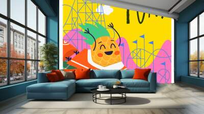 Summer fun poster with pineapple character riding in roller coaster Wall mural