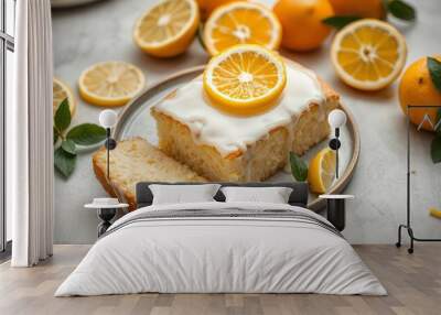 Cut tasty lemon cake with glaze and citrus fruits on light grey textured table Wall mural