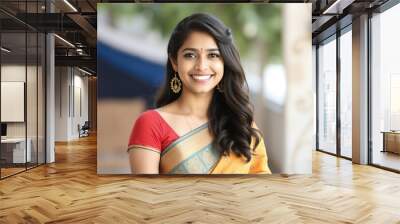 Portrait of a Young Woman in Traditional Indian Attire Smiling Wall mural