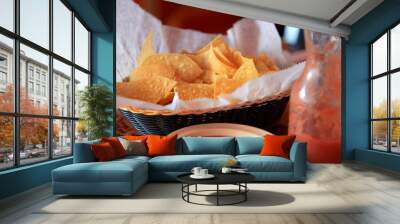 Bottle of Salsa and Tortilla chips Wall mural