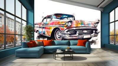 Illustration of a painted sketch of a classic car, AI-Generated image.	 Wall mural