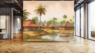 Illustration of a typical Indian village between palm trees and lake, AI-generated image	 Wall mural