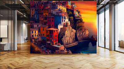 Illustration of colorful homes along Mediterranean coast under sunset, AI Generated image.	
 Wall mural