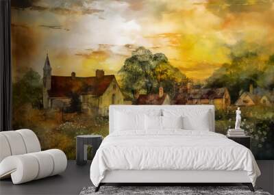 Illustration of oil painting style medieval village, Generative AI image. Wall mural