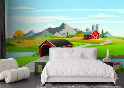 Vector illustration of scenic rural landscape with covered bridge and barn Wall mural