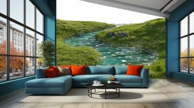 Serene river flowing through a lush green landscape. 3D render.	
 Wall mural