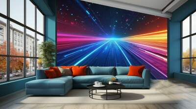 A retro futuristic landscape with a glowing sun setting over stylized mountains, in bold colors Wall mural