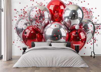 A group of glossy red and silver latex balloons are arranged in a cluster on a white background, with scattered confetti surrounding them Wall mural