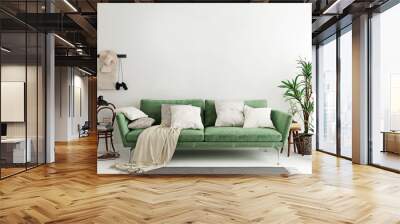 Mock up wall in olive green modern interior background, living room, Scandinavian style, 3D render, 3D illustration Wall mural