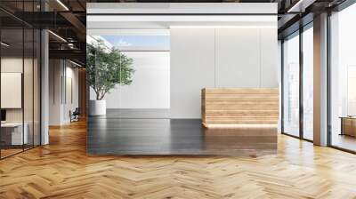 Modern interior design of lobby or reception, open space with glass ceiling and wooden desk, 3d rendering, 3d illustration Wall mural