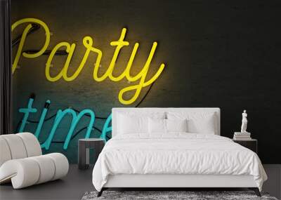 Neon sign, party time, mock-up with free space on the right side, 3d render, 3d illustration Wall mural