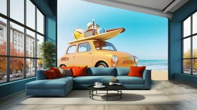 Small retro car with baggage, luggage and beach equipment on the roof, fully packed, ready for summer vacation, concept of a road trip with family and friends Wall mural