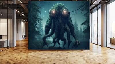 lovecraftian monster in forest, giant, evil creature. Cthulhu. Generative AI Wall mural