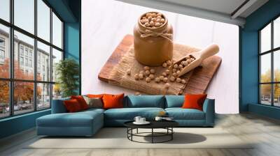 Portion of Chick Peas in ceramic bowl on table. Natural vegan food. Wall mural