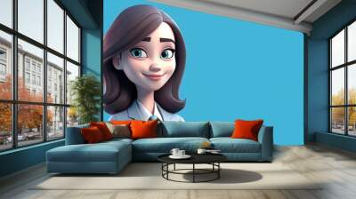 3d cartoon character of office woman, female manager, support center, lawyer banner template, copy space for text, isolated on blue. Generative AI 3d render illustration imitation. Wall mural