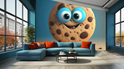 3d cartoon cookie character. Sweet cookie with chocolate crumbs and big eyes isolated on blue background. Cute dessert classic round cookie. 3d render illustration. Generative AI art. Wall mural