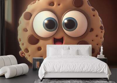 3d cute cartoon cookie character. Sweet cookie with chocolate crumbs and big eyes isolated on pastel background. Cute dessert classic round cookie. 3d render illustration. Generative AI art. Wall mural