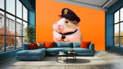 A fluffy hamster in a cop costume with a small black police cap. A hamster dressed as a policeman. Isolated on a flat orange background, copy space banner template. Generative AI photo. Wall mural